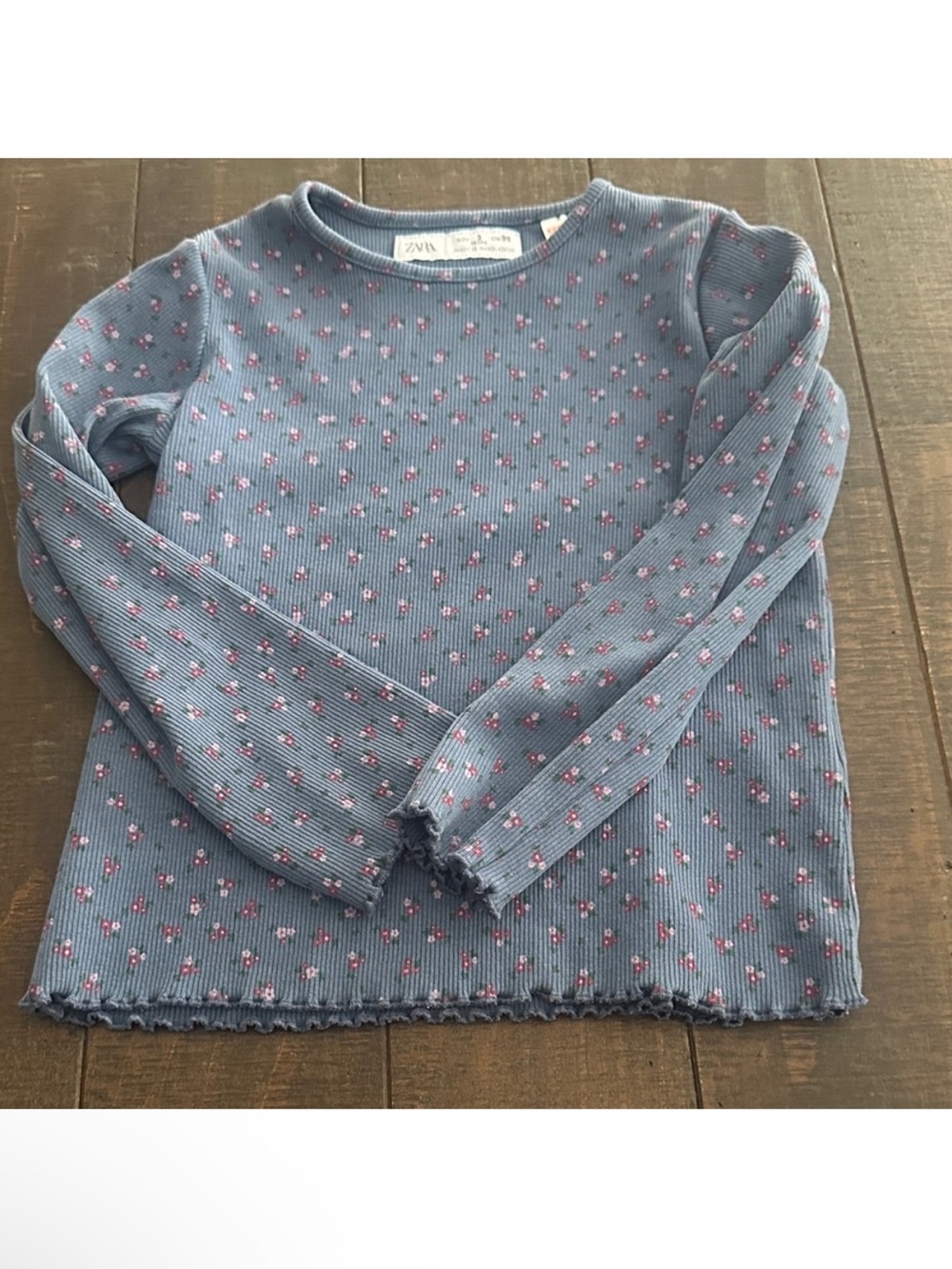 Zara Girls' Blue Floral Ribbed Long-Sleeve Top